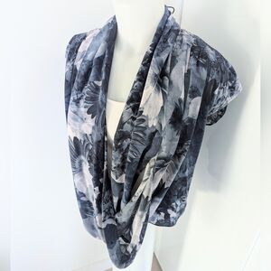 LEITH Silk Blue/Grey Floral Top With Draped Neckline; Size S/M